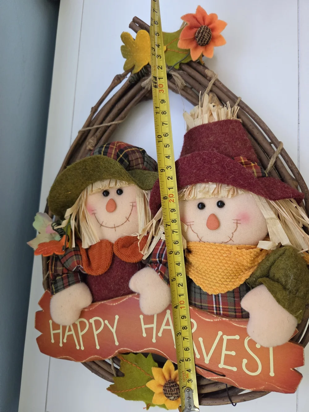 Autumn Fall Happy Harvest Scarecrow Wreath – Orange, Green & Burgundy